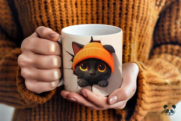Black Cat Wearing Orange Beanie 3D Mug Wrap: Elevate Your Sublimation Projects